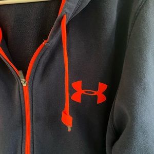 Under Armour Men’s XL Zip Up hoodie with pockets. Navy Blue and Neon Orange.